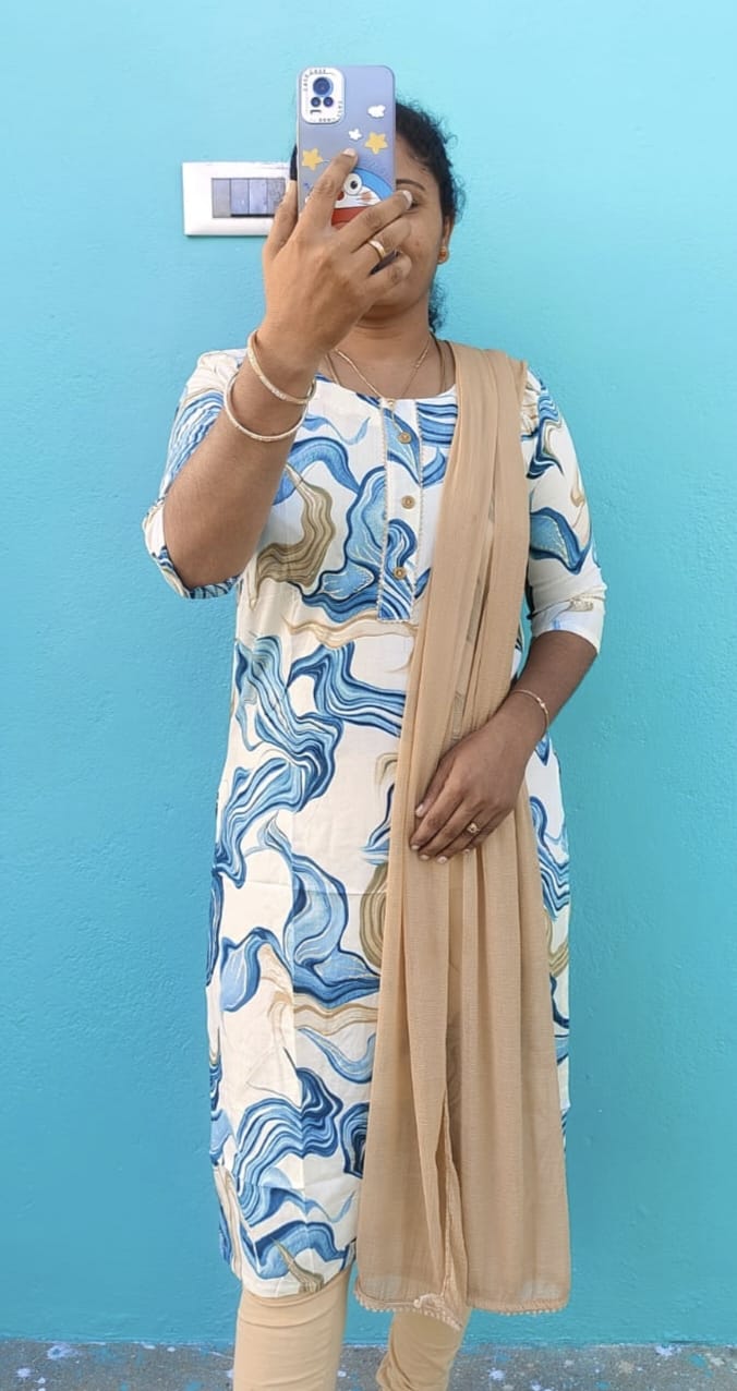 Casual Rayon Kurti  white blue swirls