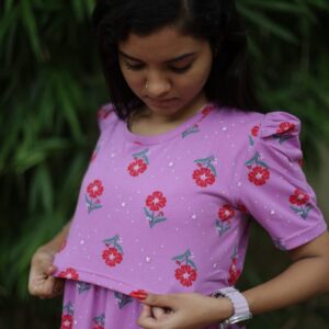 Feeding wear purple color with red flowers