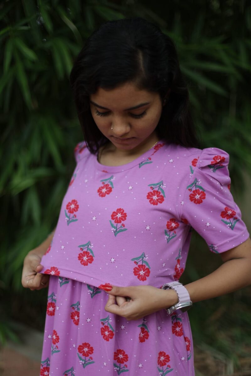 Feeding wear purple color with red flowers