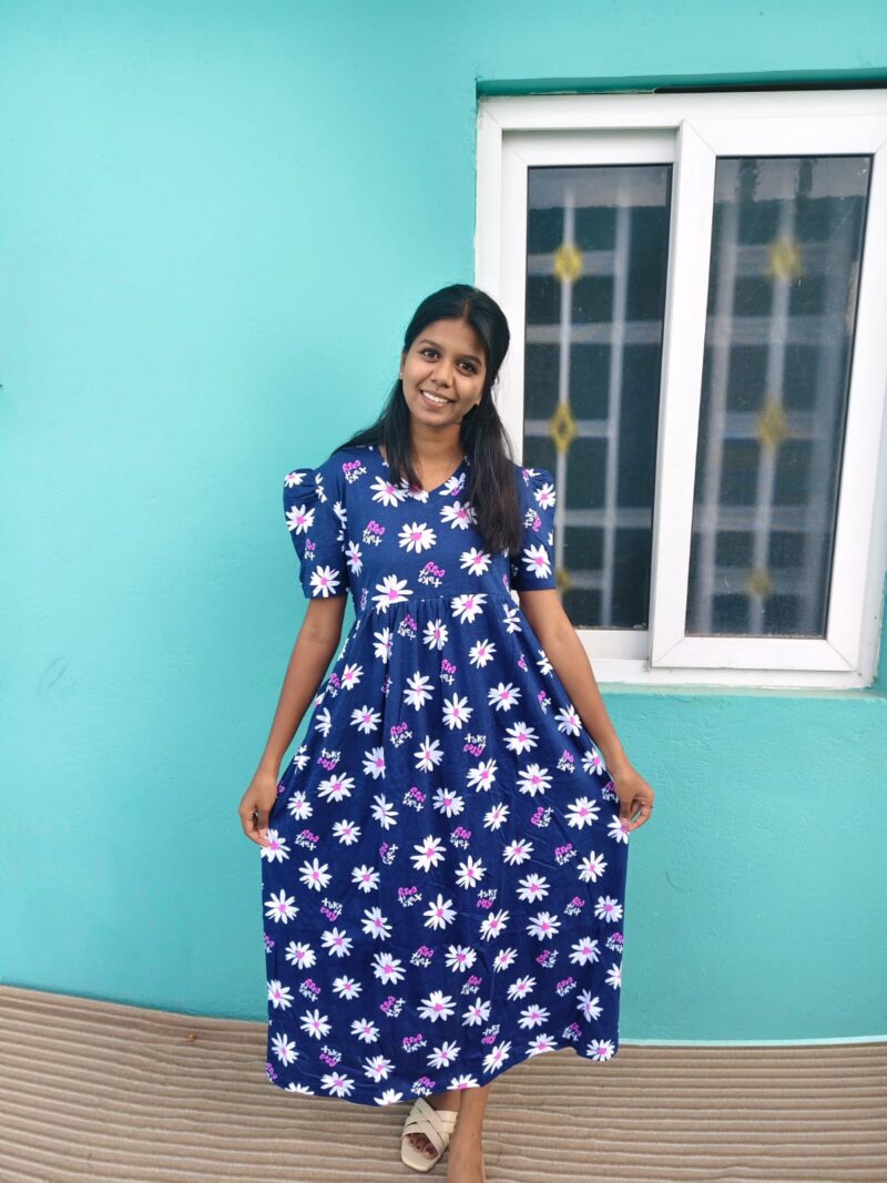 Puff sleeve V-Neck, Navy-blue casual maxi