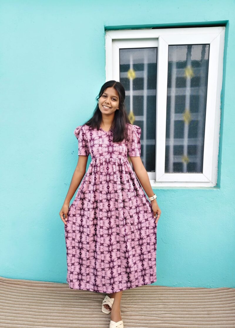 puff sleeve V-Neck Maroon shade casual maxi