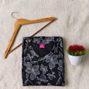 Puff Sleeve V-Neck Black color white flower casual maxi