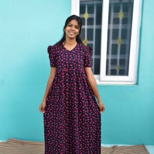 Puff Sleeve V-Neck Black with Red Heart casual maxi