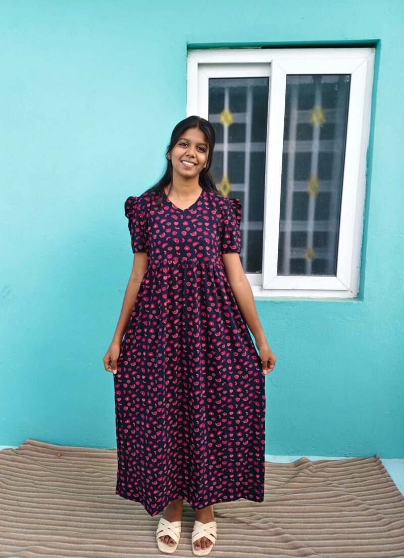 Puff Sleeve V-Neck Black with Red Heart casual maxi