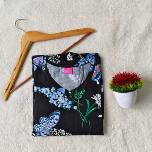Puff Sleeve V-Neck Black color Butterfly theme Casual maxi