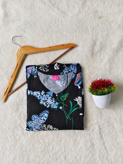 Puff Sleeve V-Neck Black color Butterfly theme Casual maxi