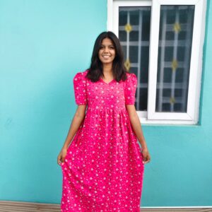 Puff Sleeve V-Neck Pink flower casual maxi