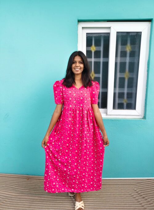 Puff Sleeve V-Neck Pink flower casual maxi
