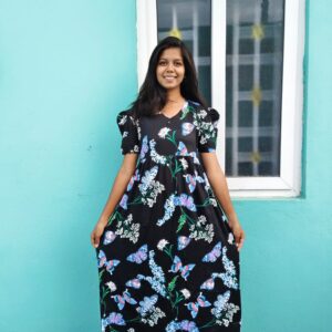 Puff Sleeve V-Neck Black color Butterfly theme Casual maxi