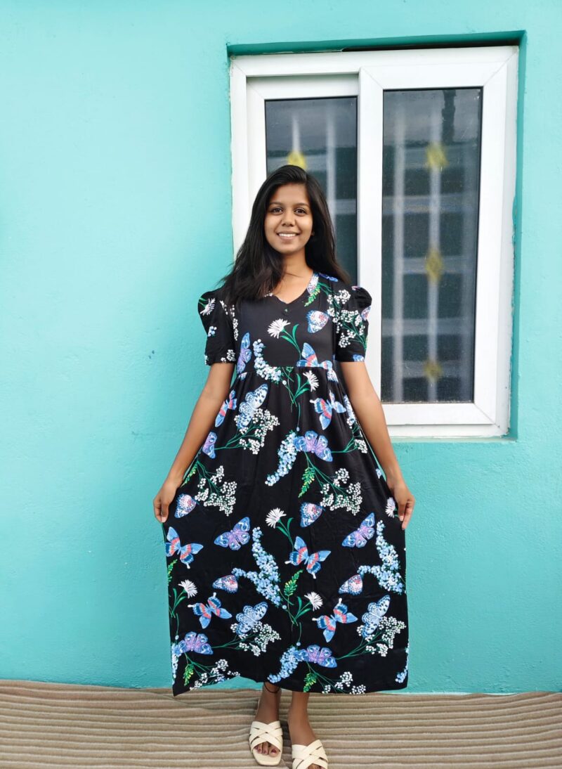 Puff Sleeve V-Neck Black color Butterfly theme Casual maxi